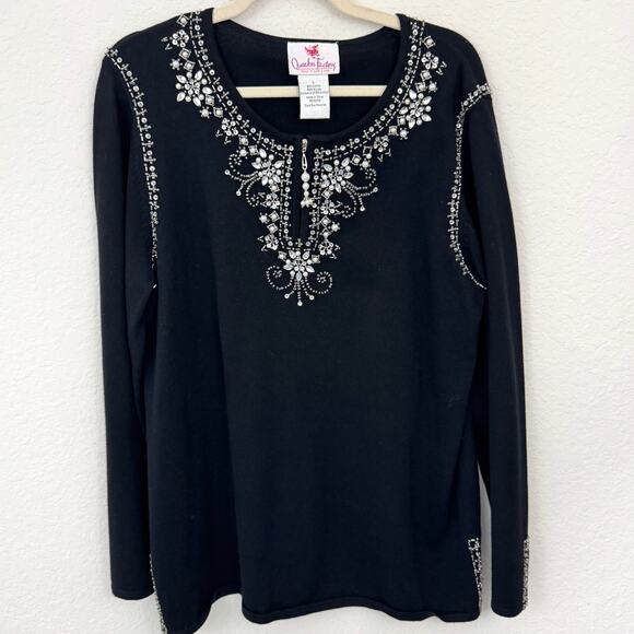 Quacker Factory Womens Knit Sweater Size L Sequin Jewel Beaded Party Black - Picture 1 of 8
